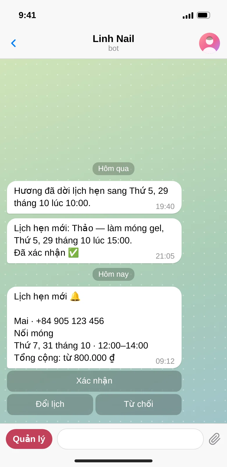 Thông báo lịch hẹn mới cho thợ kèm các nút