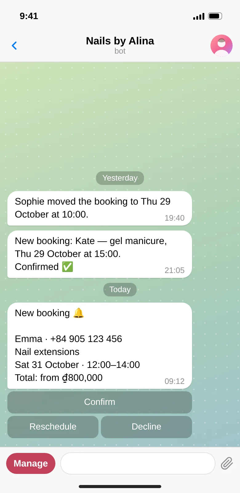 Notification to the specialist about a new booking, with buttons