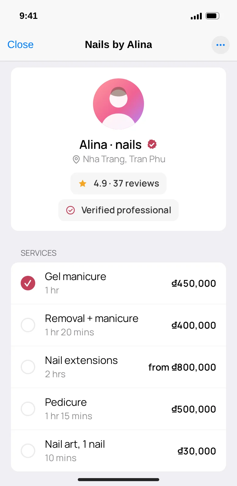 Specialist page in Telegram: services with prices and rating