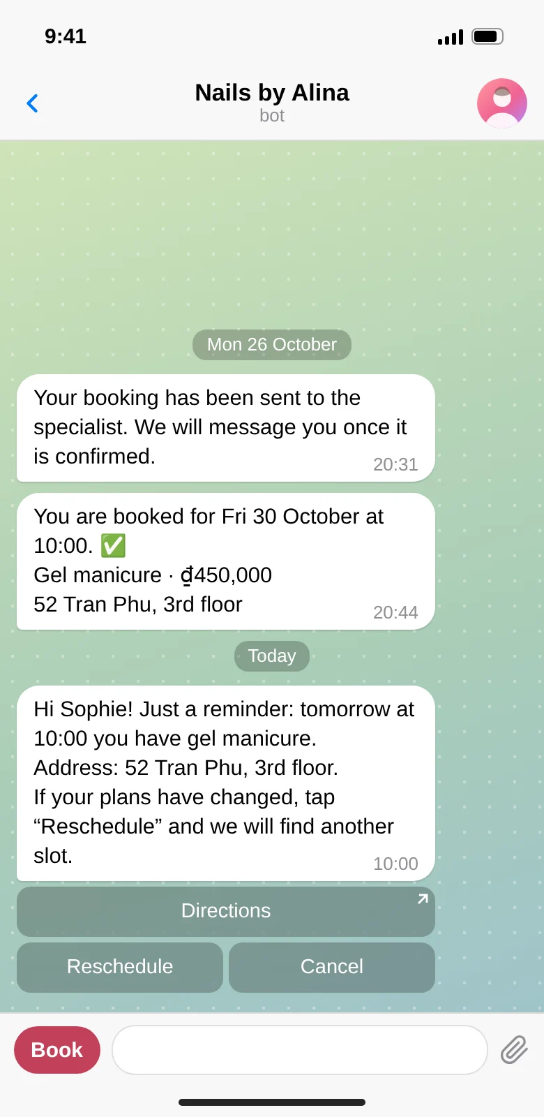 Visit reminder in Telegram with a reschedule button