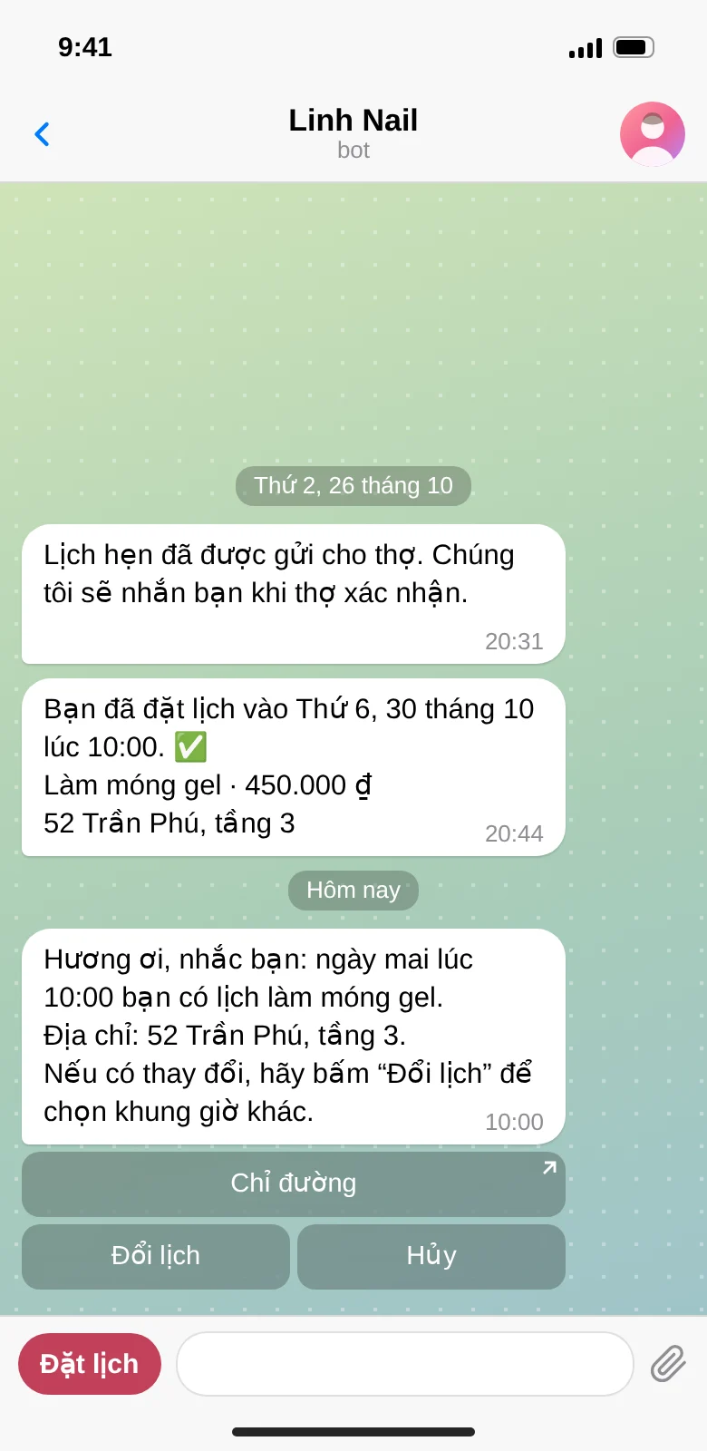 Lời nhắc lịch hẹn trong Telegram kèm nút đổi lịch