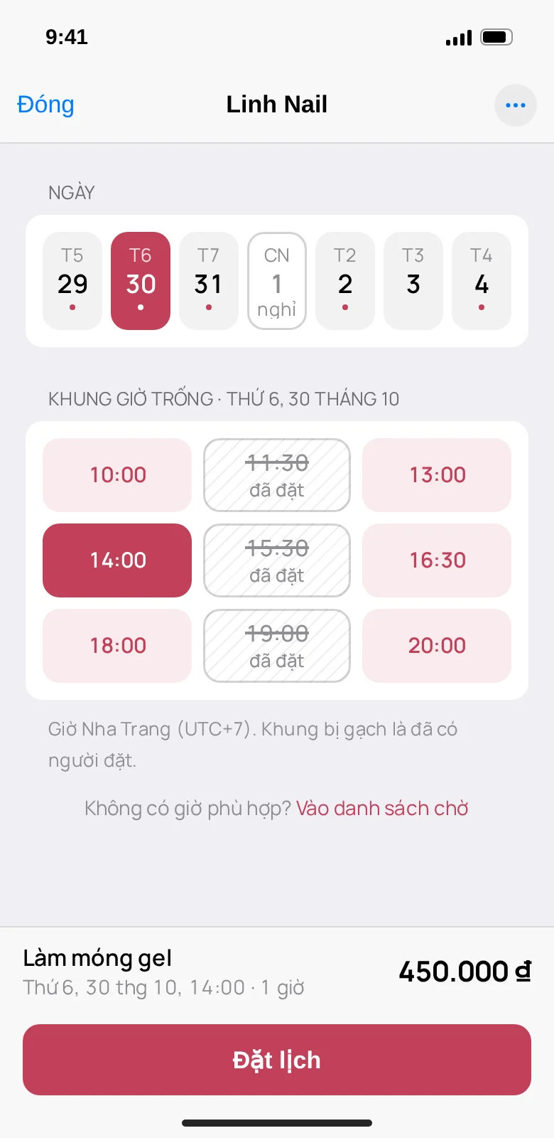 Chọn ngày và giờ hẹn, giờ đã kín bị gạch