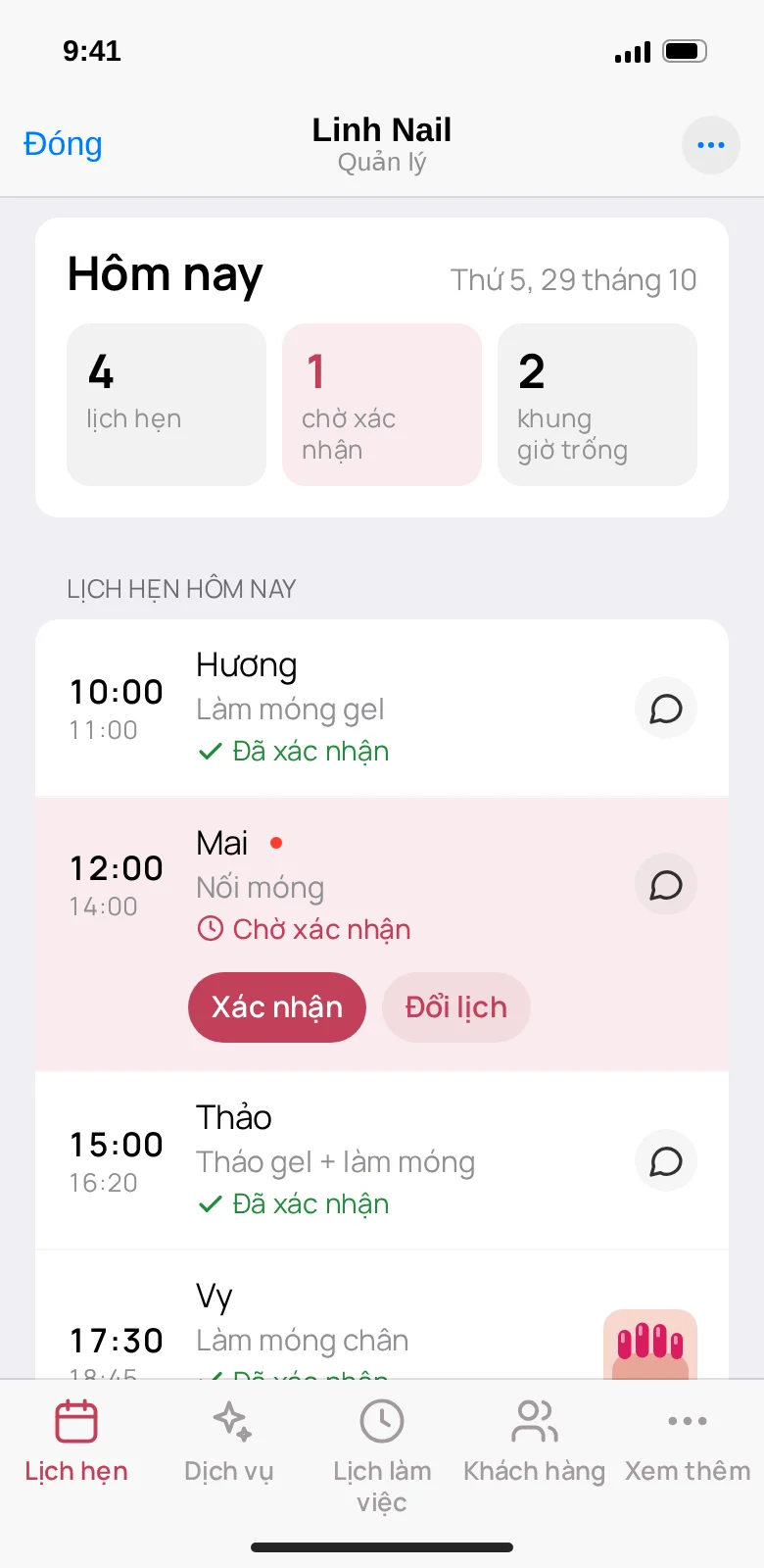 Trang quản lý của thợ: lịch hẹn hôm nay