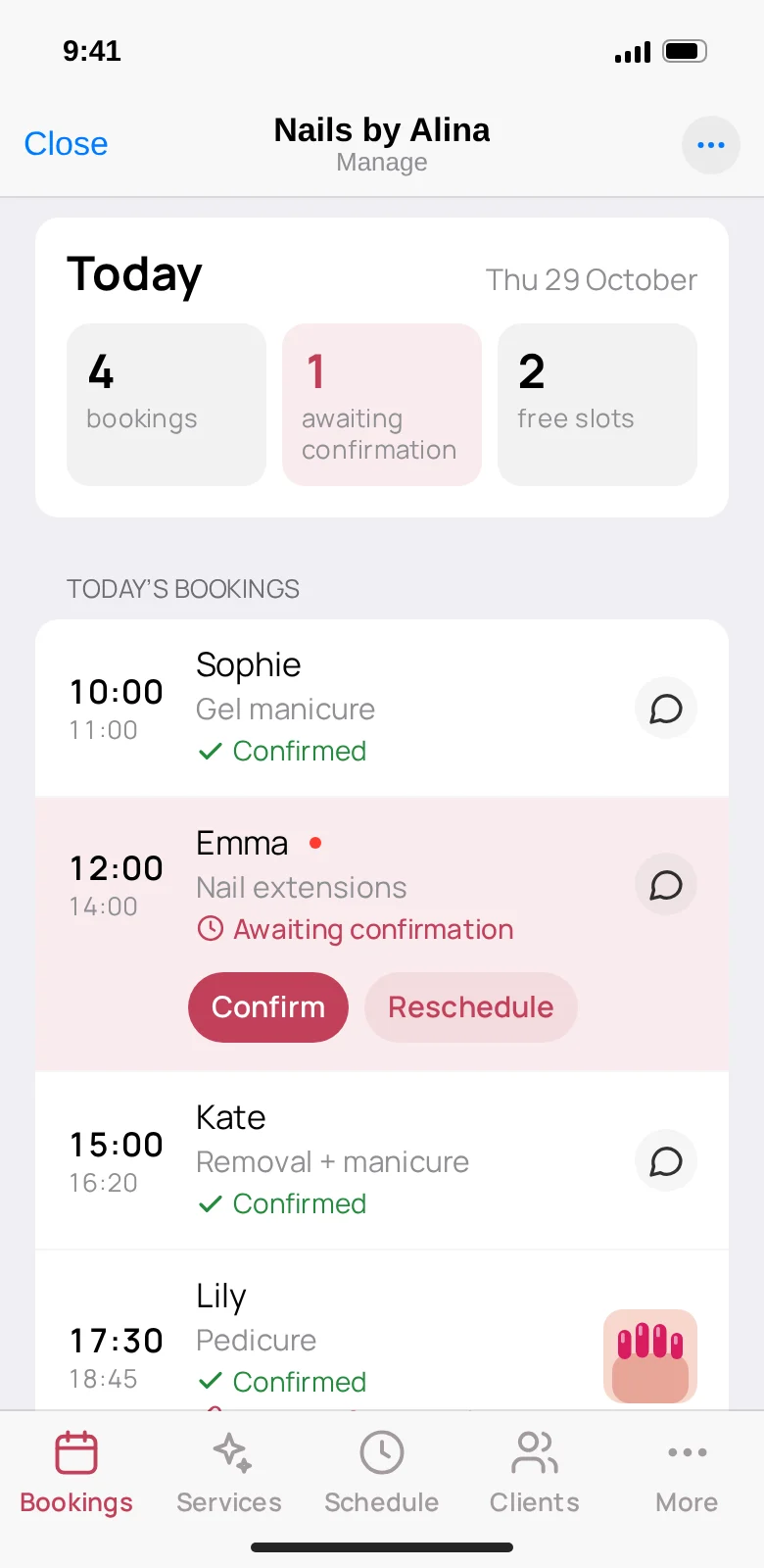 Specialist dashboard: today’s bookings
