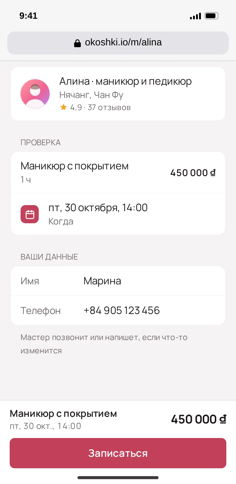 Страница записи в браузере без Telegram