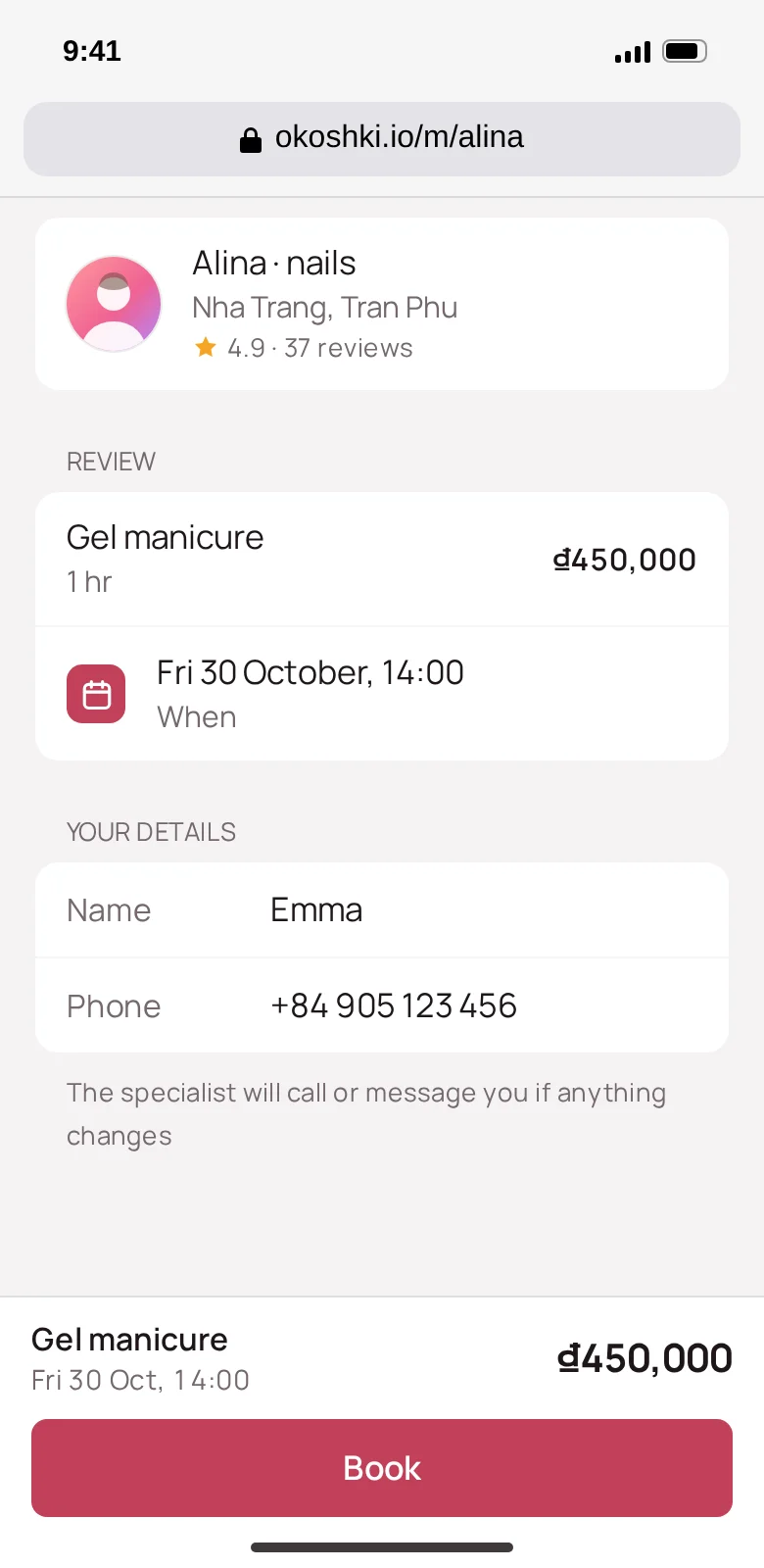 Booking page in the browser, no Telegram needed
