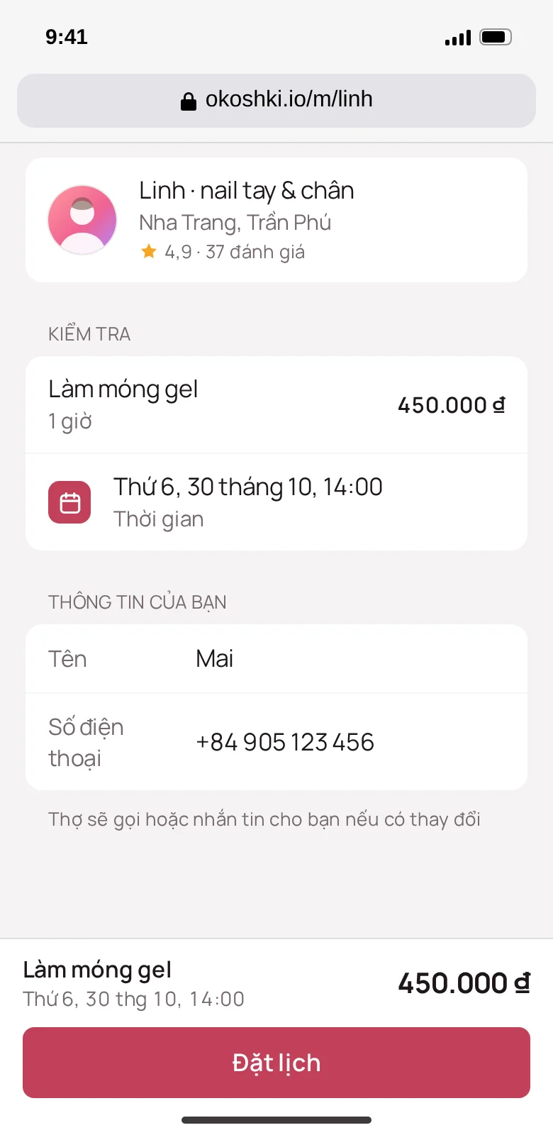 Trang đặt lịch trên trình duyệt, không cần Telegram
